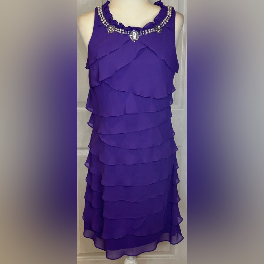 S.L. Fashions Dress Ruffle Rhinestone Faux Pearl Neckline Sleeveless Purple 12